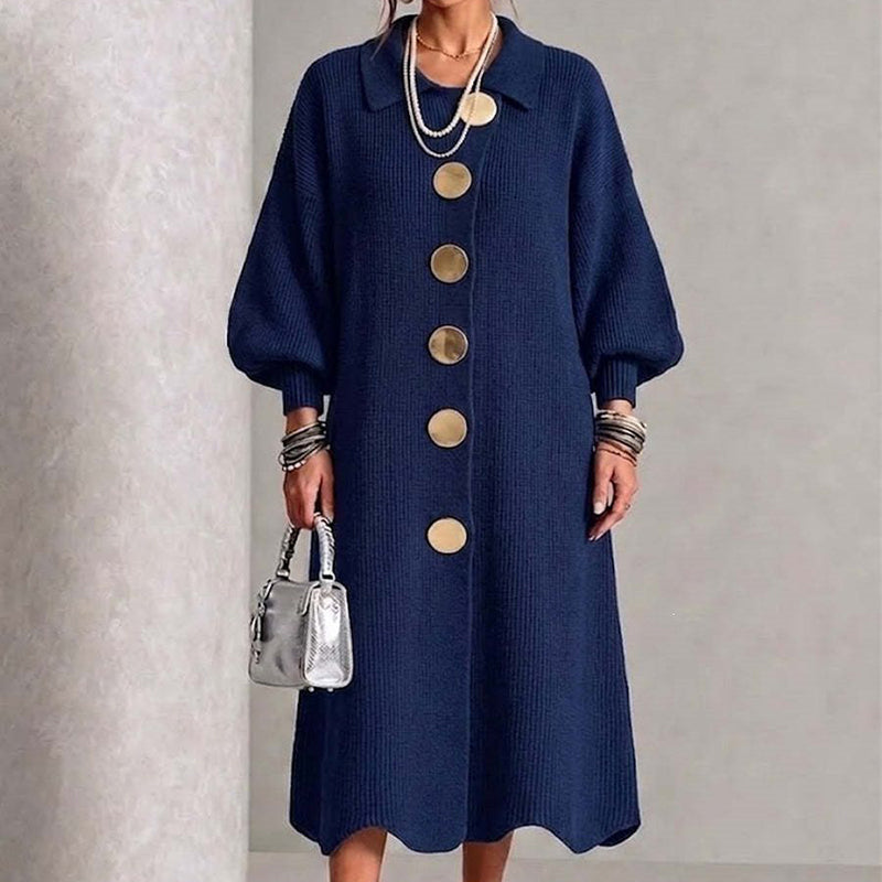 Vestido largo elegante para mujer con botones y mangas abullonadas