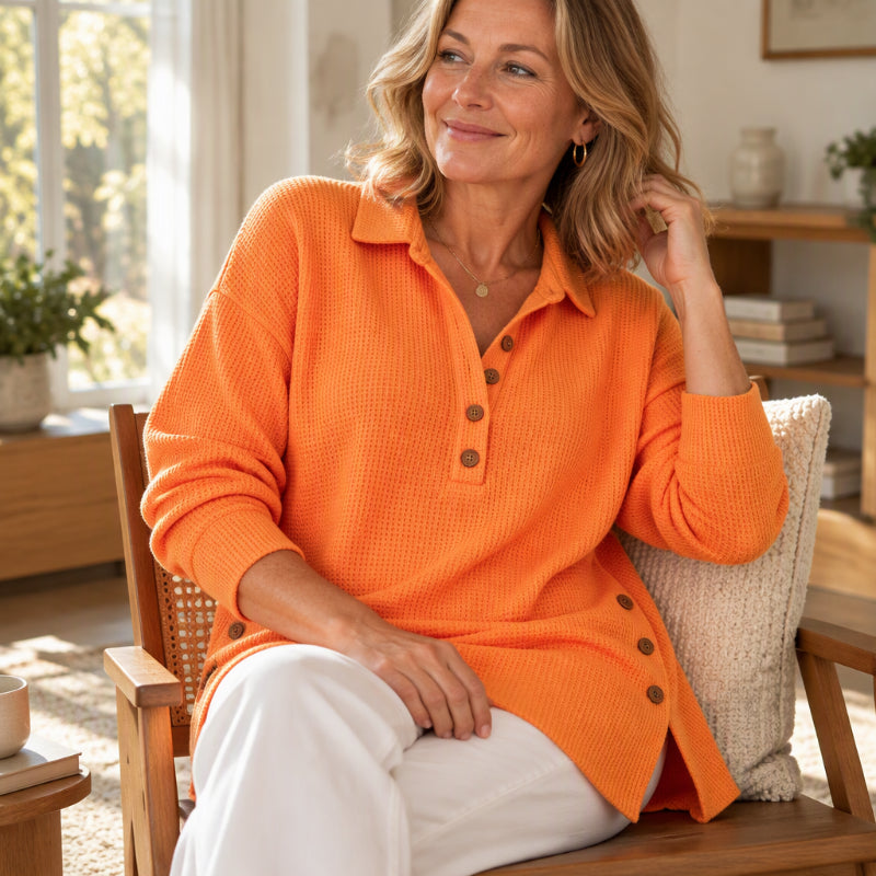 Top de punto texturizado para mujer con cuello polo y botones