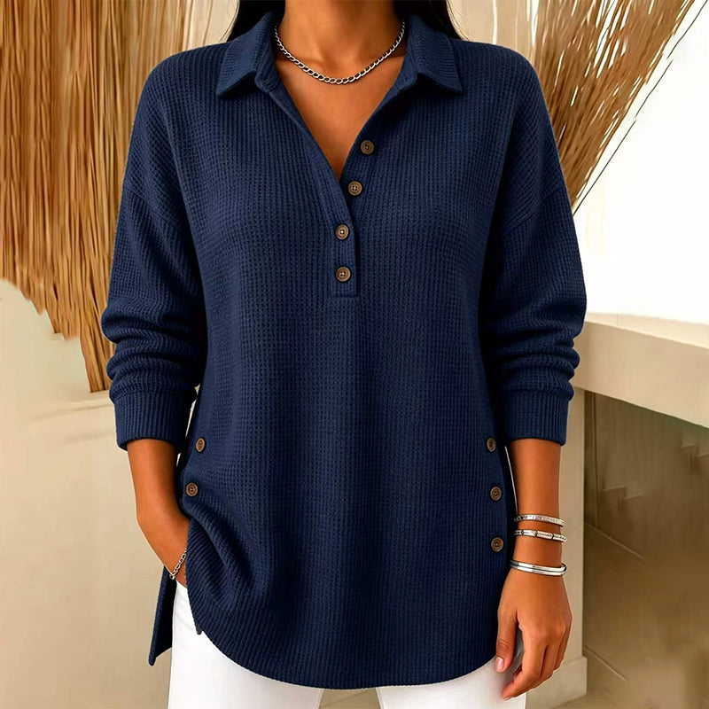 Top de punto texturizado para mujer con cuello polo y botones