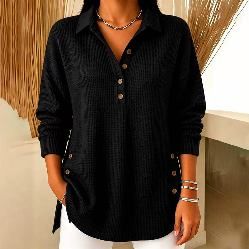 Top de punto texturizado para mujer con cuello polo y botones