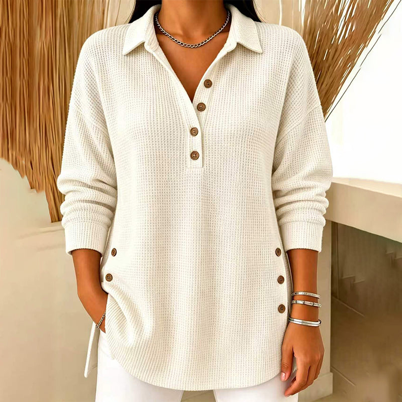 Top de punto texturizado para mujer con cuello polo y botones