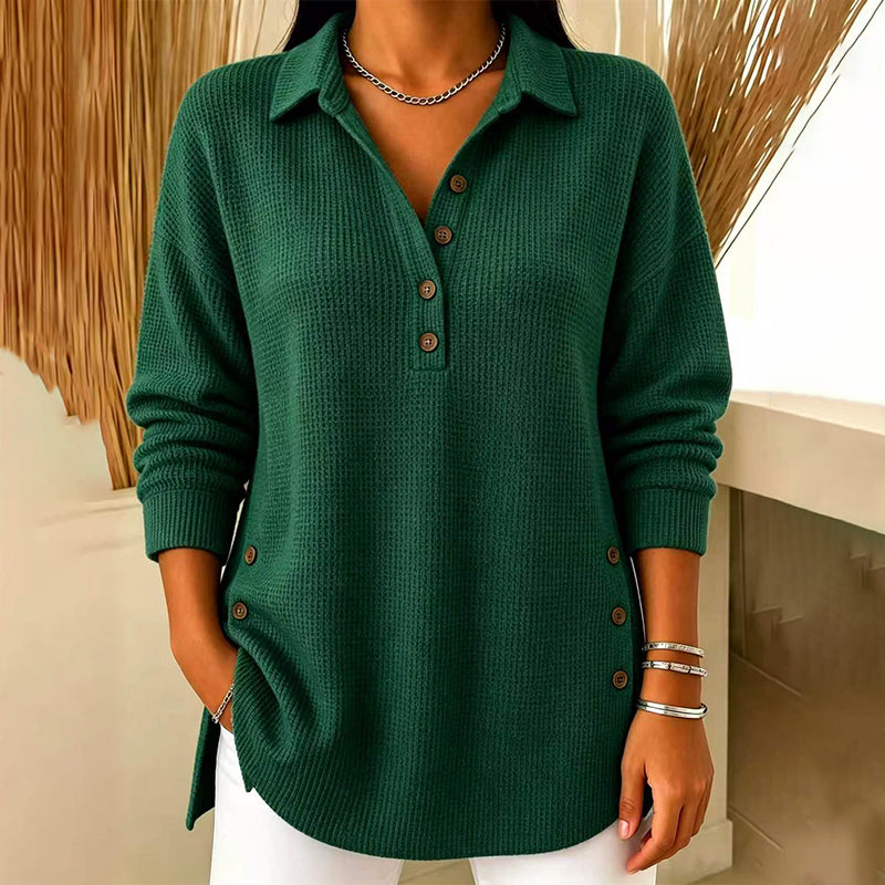 Top de punto texturizado para mujer con cuello polo y botones