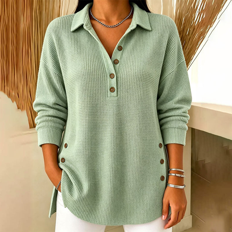 Top de punto texturizado para mujer con cuello polo y botones