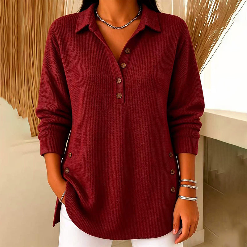 Top de punto texturizado para mujer con cuello polo y botones