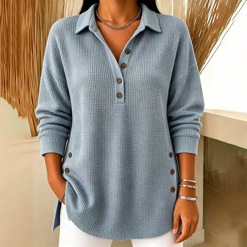 Top de punto texturizado para mujer con cuello polo y botones