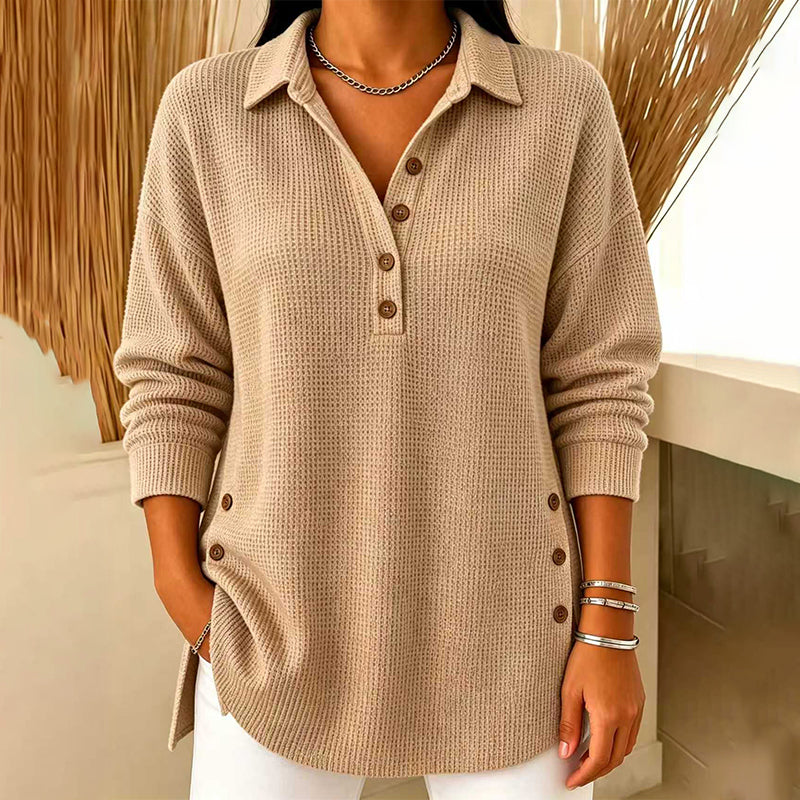 Top de punto texturizado para mujer con cuello polo y botones