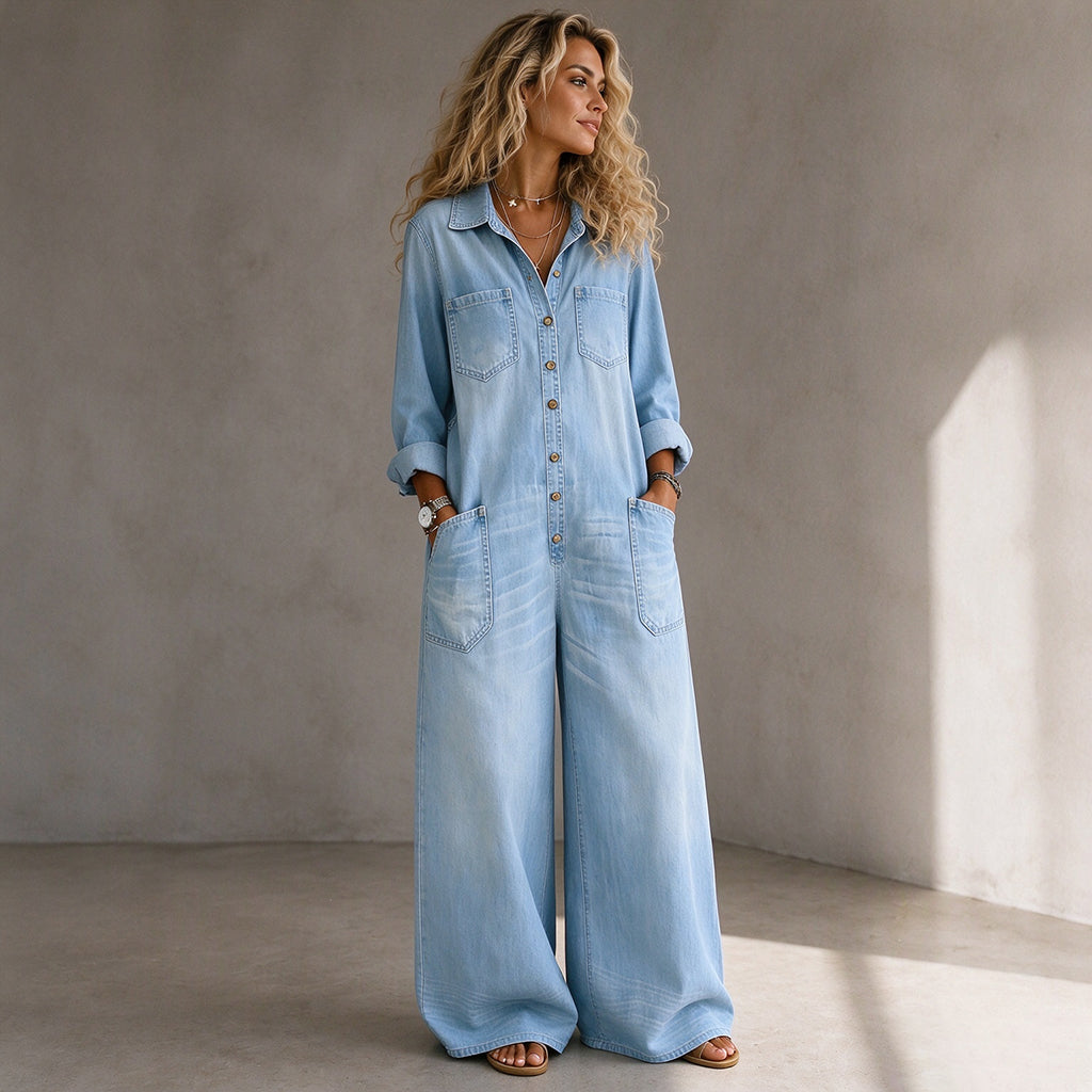 Mono de mujer efecto denim con pierna ancha y botones