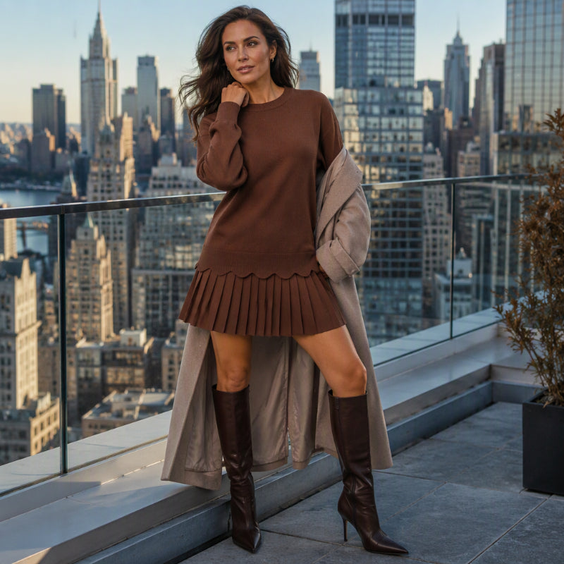 Conjunto de punto para mujer con suéter ondulado y falda plisada