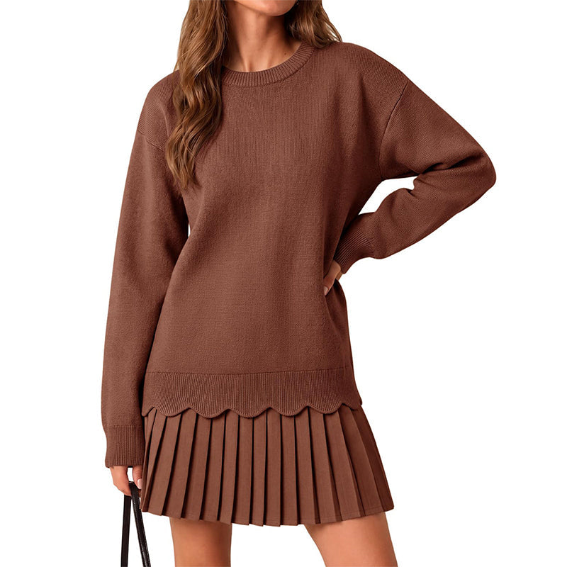 Conjunto de punto para mujer con suéter ondulado y falda plisada