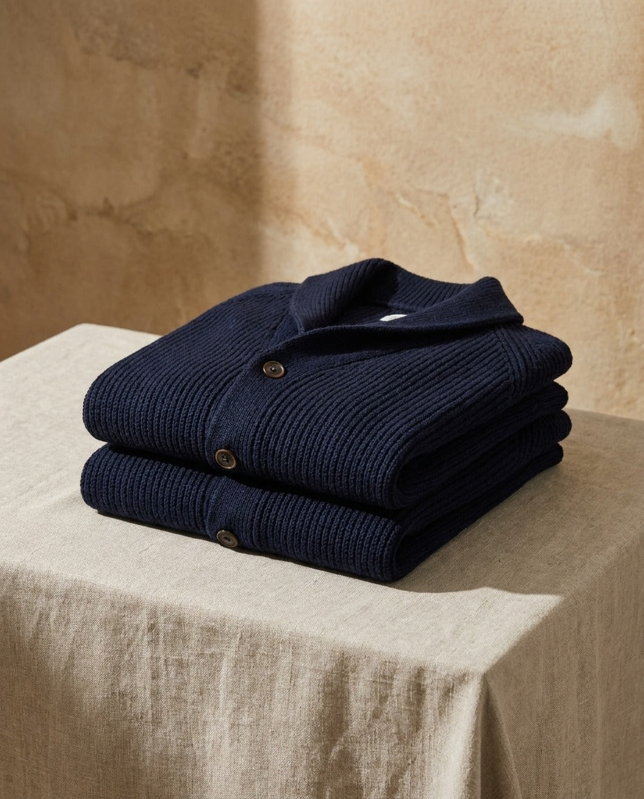 Cárdigan de punto acanalado para hombre con cuello chal y botones