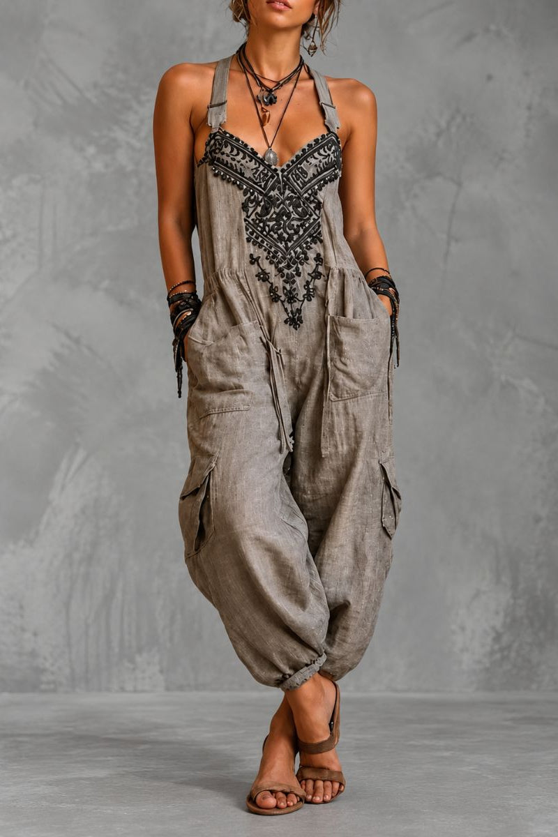 Mono bohemio de mujer bordado con tirantes y bolsillos holgado