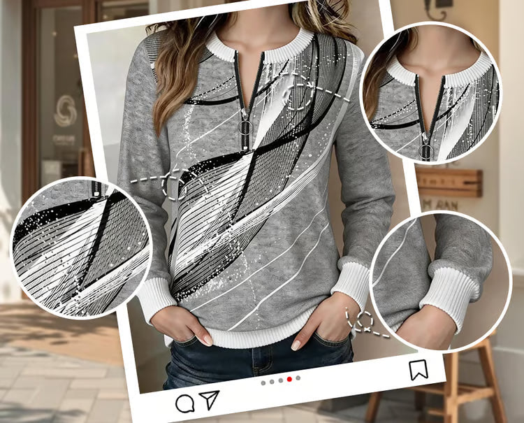 Sudadera estampada para mujer con cremallera y cuello redondo