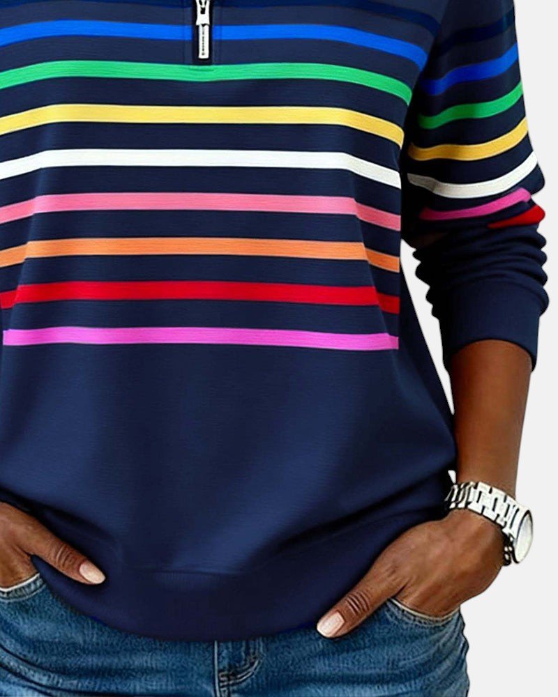 Sudadera de mujer a rayas con media cremallera y corte relajado