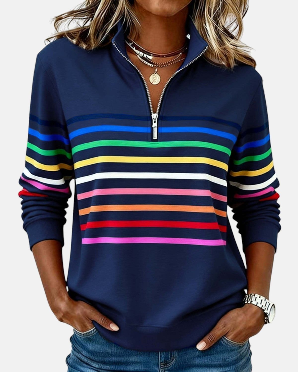 Sudadera de mujer a rayas con media cremallera y corte relajado