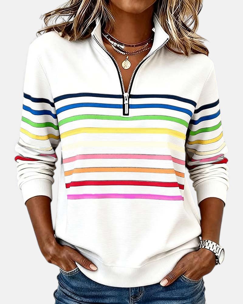 Sudadera de mujer a rayas con media cremallera y corte relajado