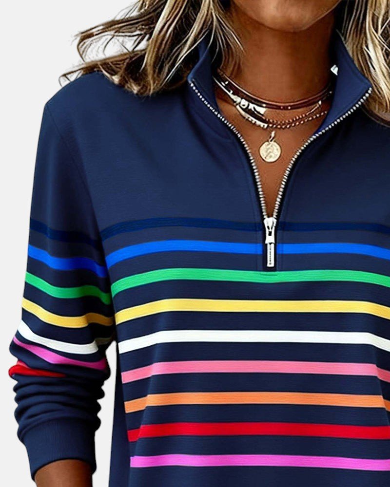 Sudadera de mujer a rayas con media cremallera y corte relajado