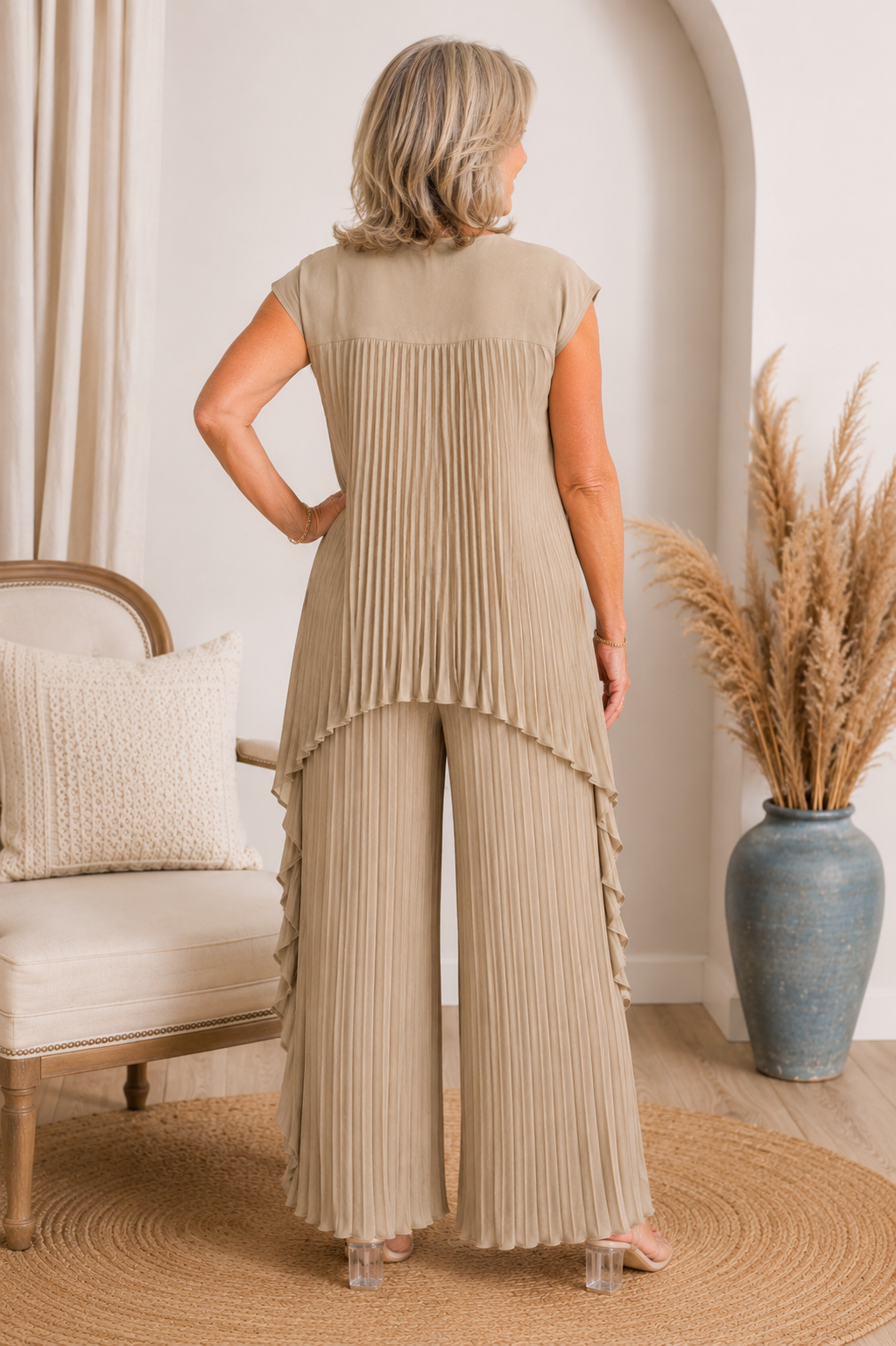 Conjunto de mujer plisado con pantalón ancho